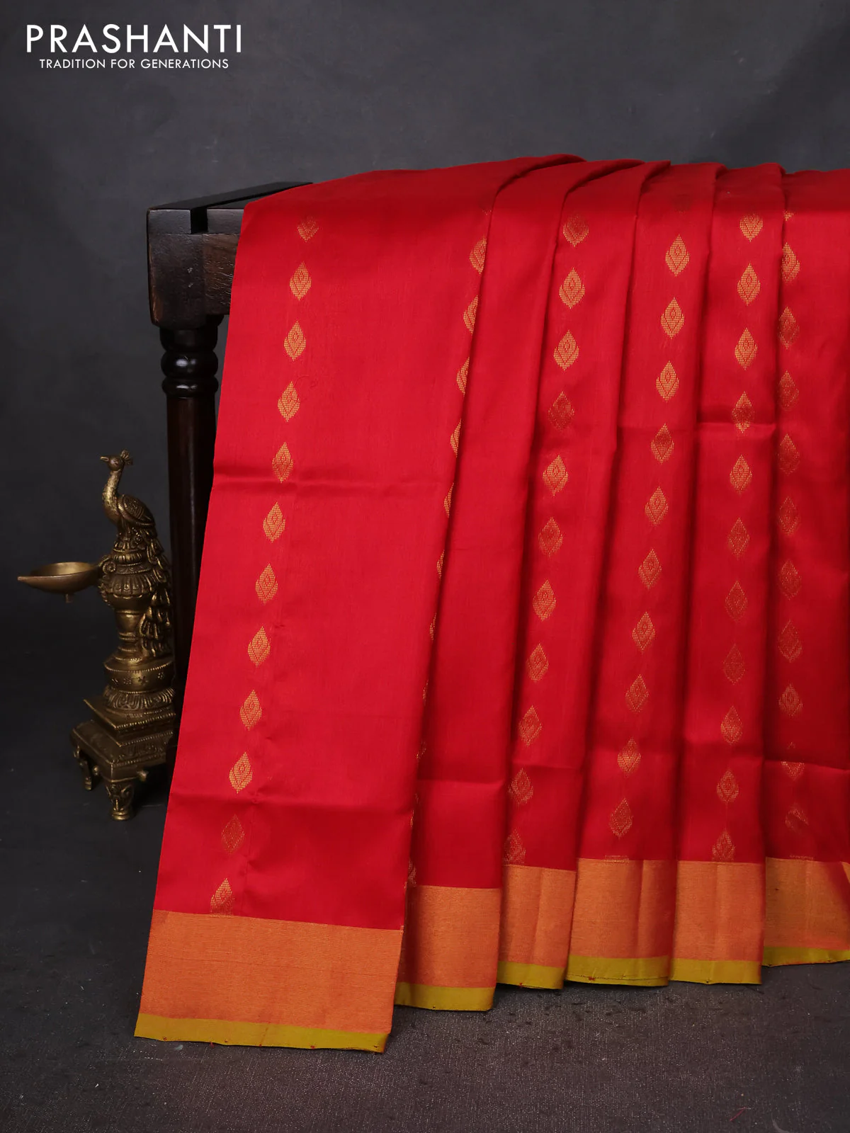 Pure uppada silk saree red and dual shade of green with allover zari woven buttas and zari woven border