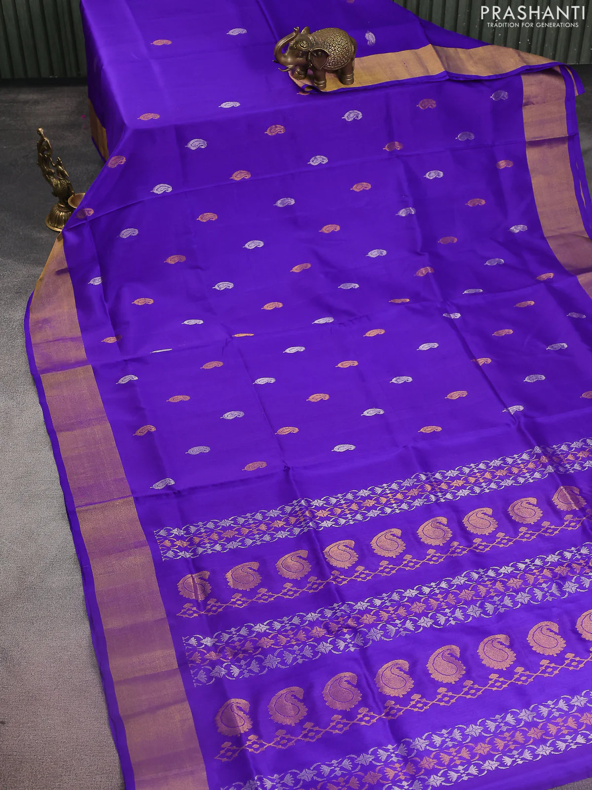 Pure uppada silk saree royal blue with silver & gold zari woven paisley buttas and zari woven border - Image 2