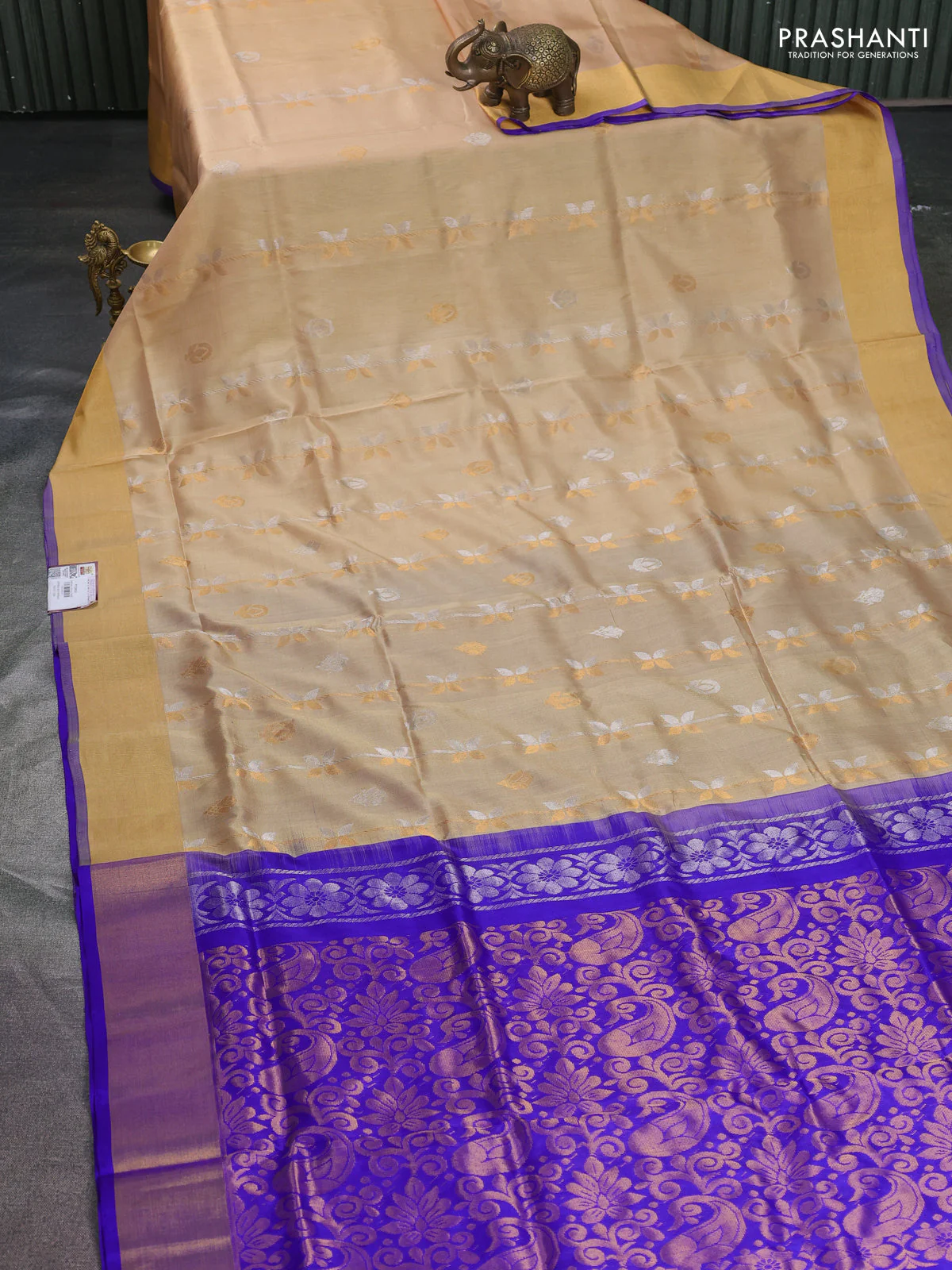 Pure uppada silk saree sandal and blue with allover silver & gold zari weaves and zari woven border - Image 2