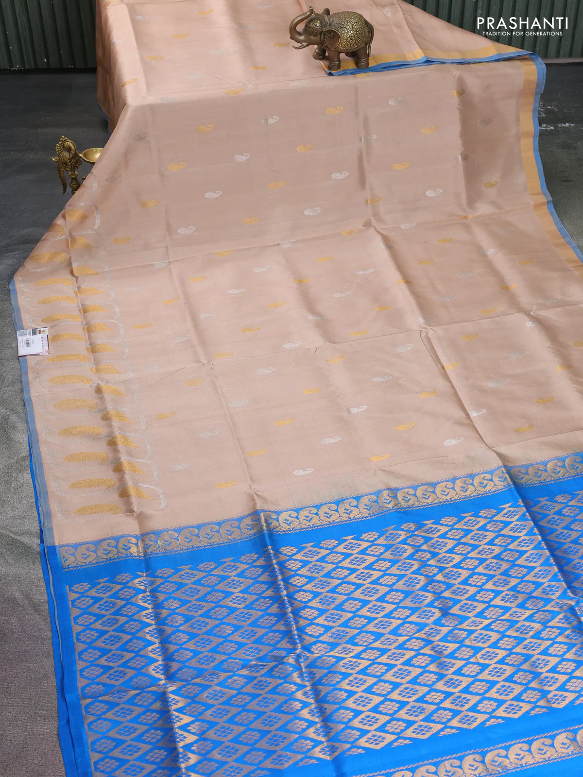 Pure uppada silk saree sandal and cs blue with silver & gold paisley zari woven buttas and rich zari woven border - Image 2