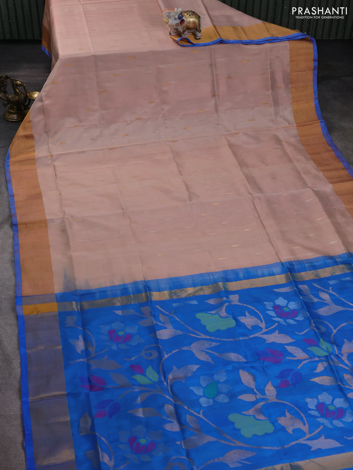 Pure uppada silk saree sandal and cs blue with silver & gold zari woven buttas and jamdhani design pallu - Image 2