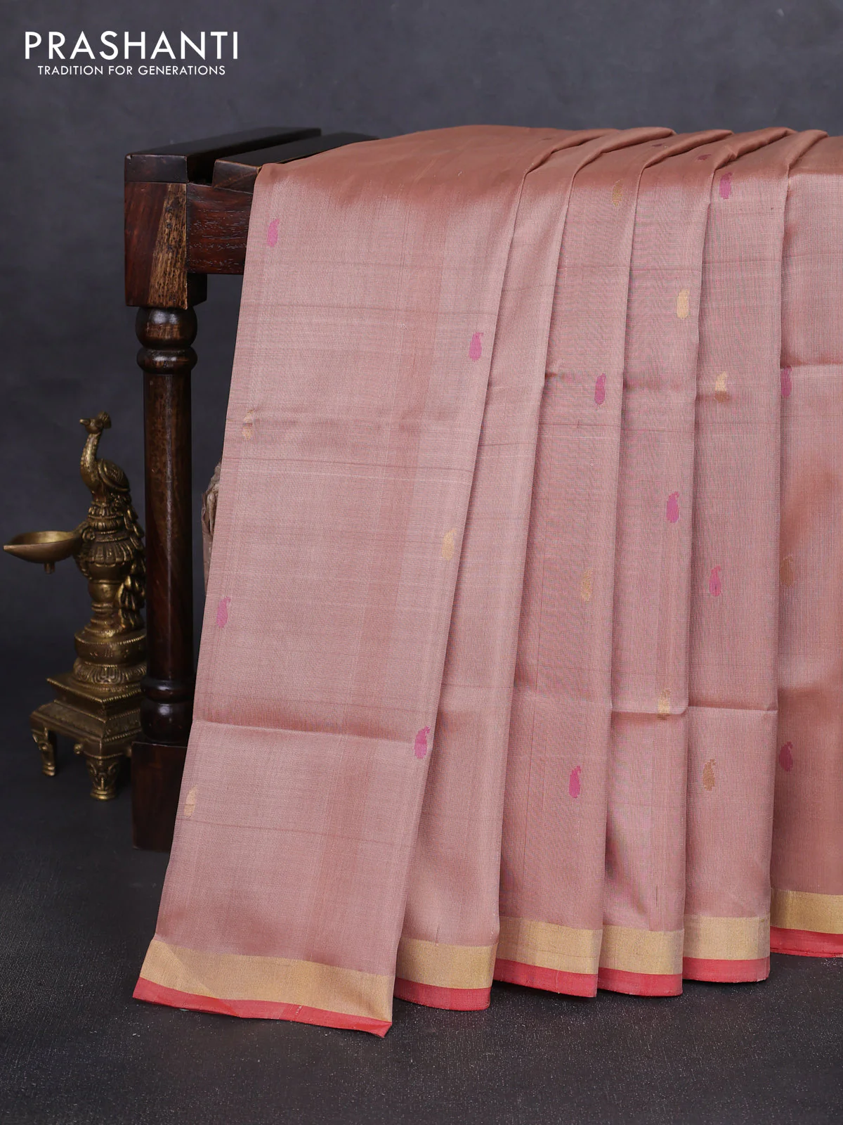 Pure uppada silk saree sandal and orange with thread & zari woven buttas and jamdhani design pallu