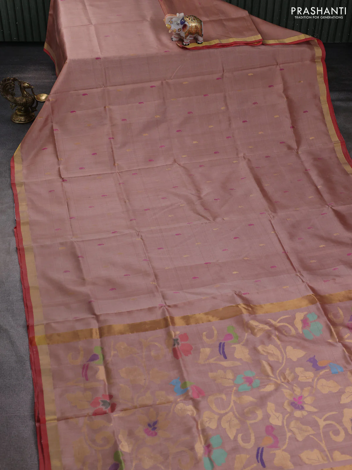 Pure uppada silk saree sandal and orange with thread & zari woven buttas and jamdhani design pallu - Image 2