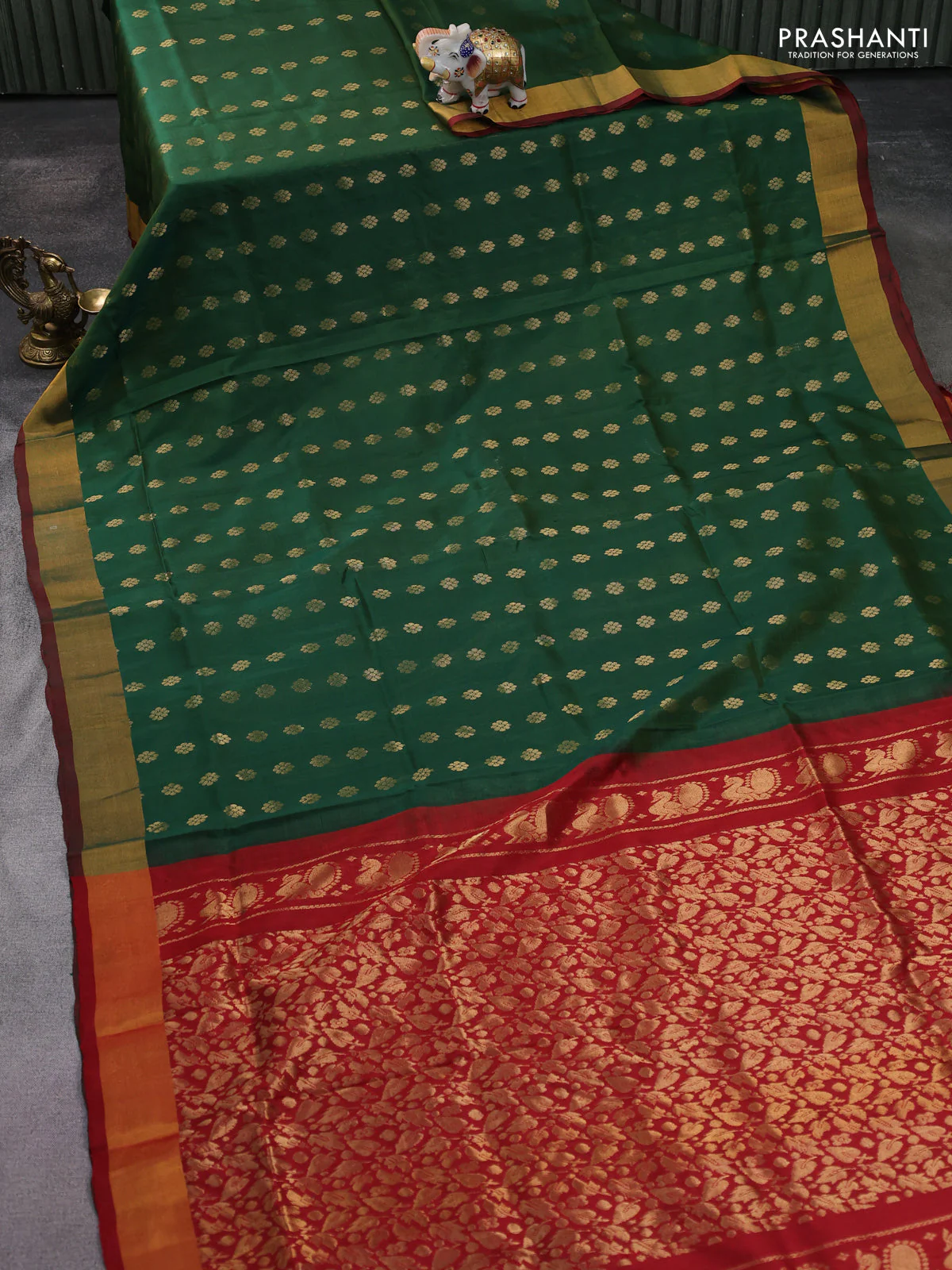 Pure uppada silk saree sap green and maroon with silver zari woven floral buttas and zari woven border - Image 2