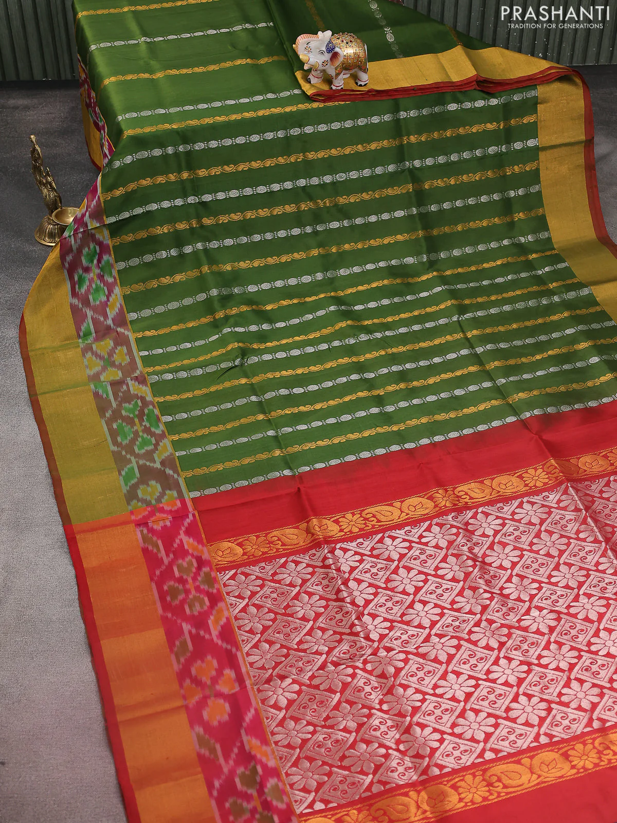 Pure uppada silk saree sap green and red with allover silver & gold zari weaves and zari woven ikat style border - Image 2