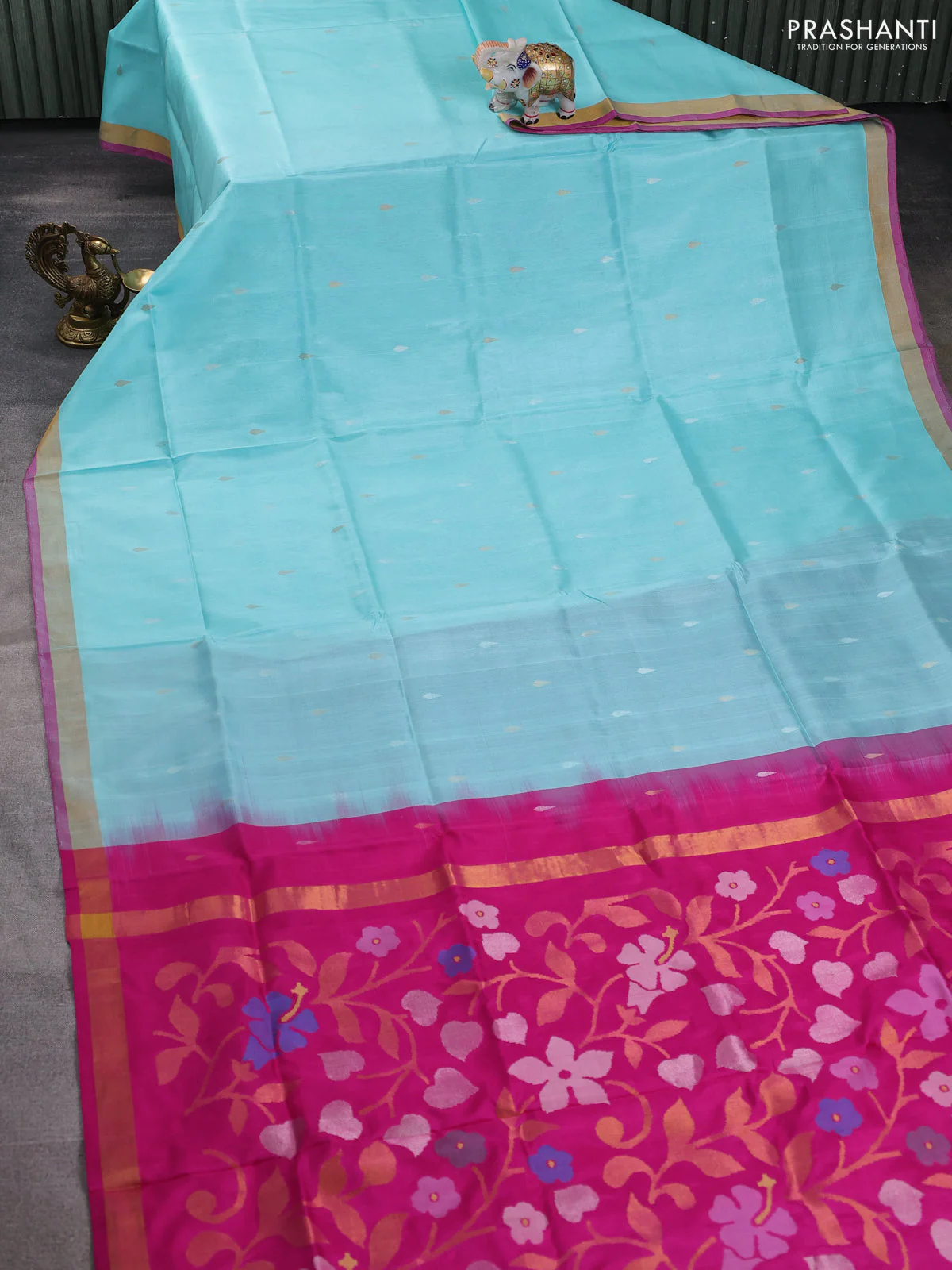 Pure uppada silk saree teal blue and magenta pink with silver & gold zari woven thilak buttas and jamdhani design pallu - Image 2