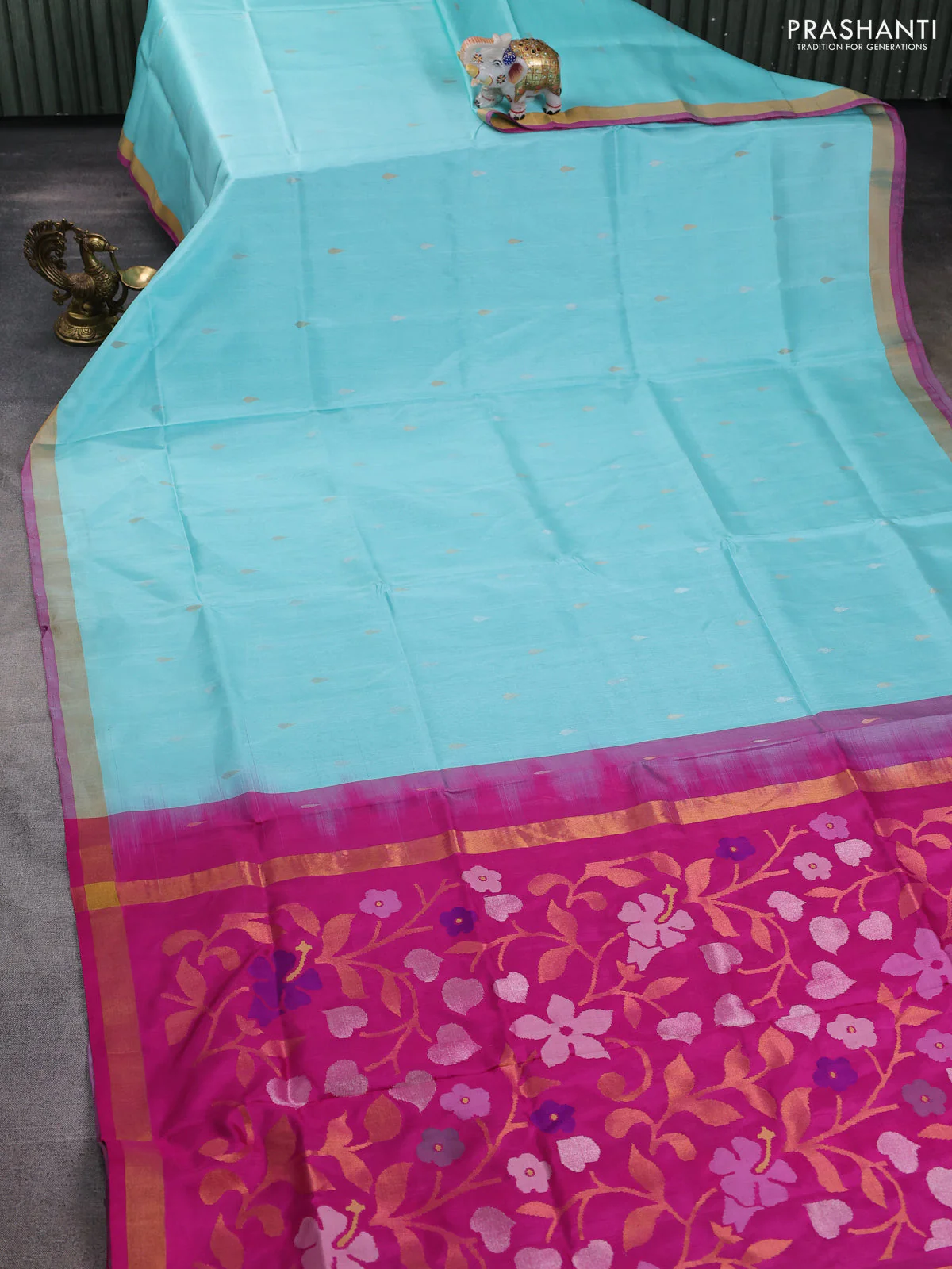 Pure uppada silk saree teal blue and pink with silver & gold zari woven thilak buttas and jamdhani design pallu - Image 2
