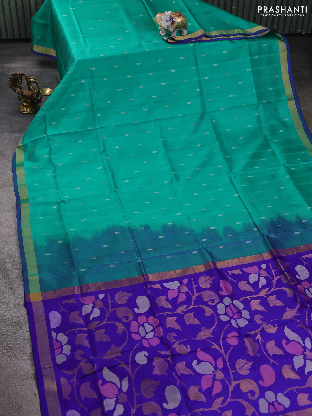Pure uppada silk saree teal green and violet shade with silver & gold zari woven buttas and jamdhani design pallu - Image 2
