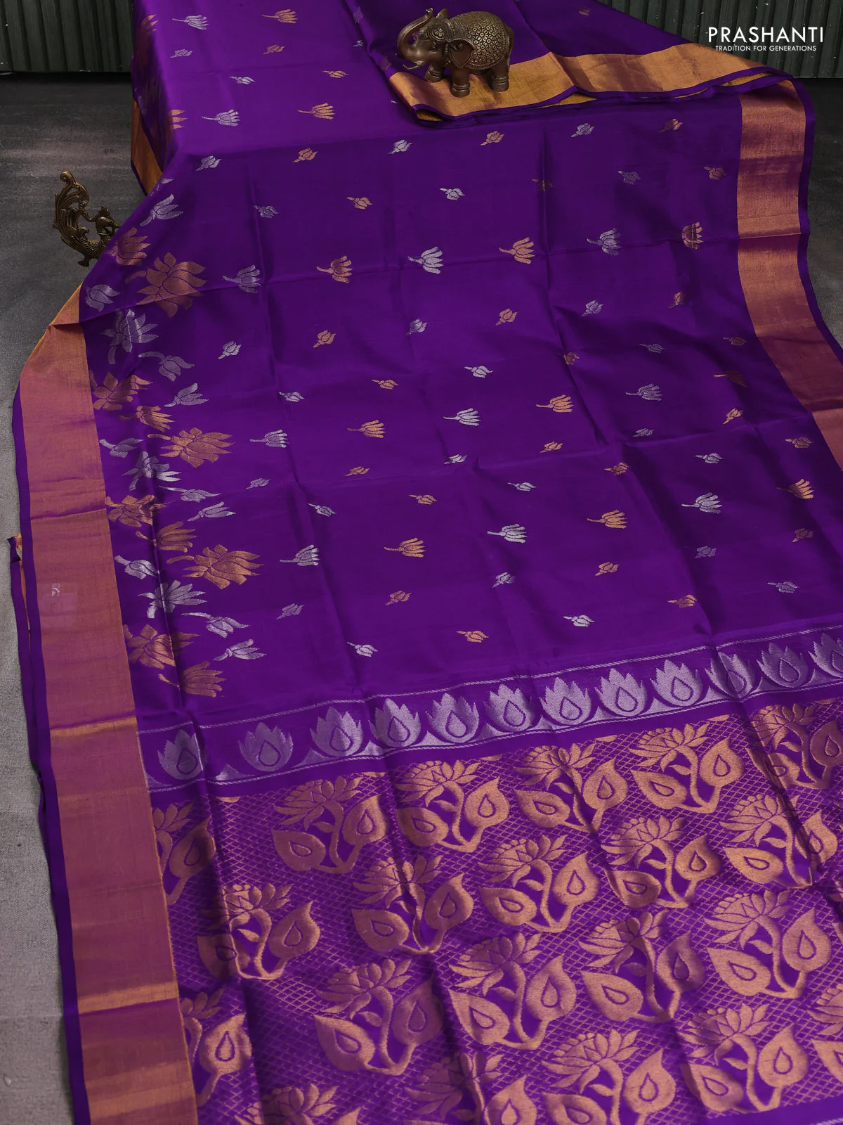 Pure uppada silk saree violet with silver & gold zari woven buttas and zari woven border - Image 2