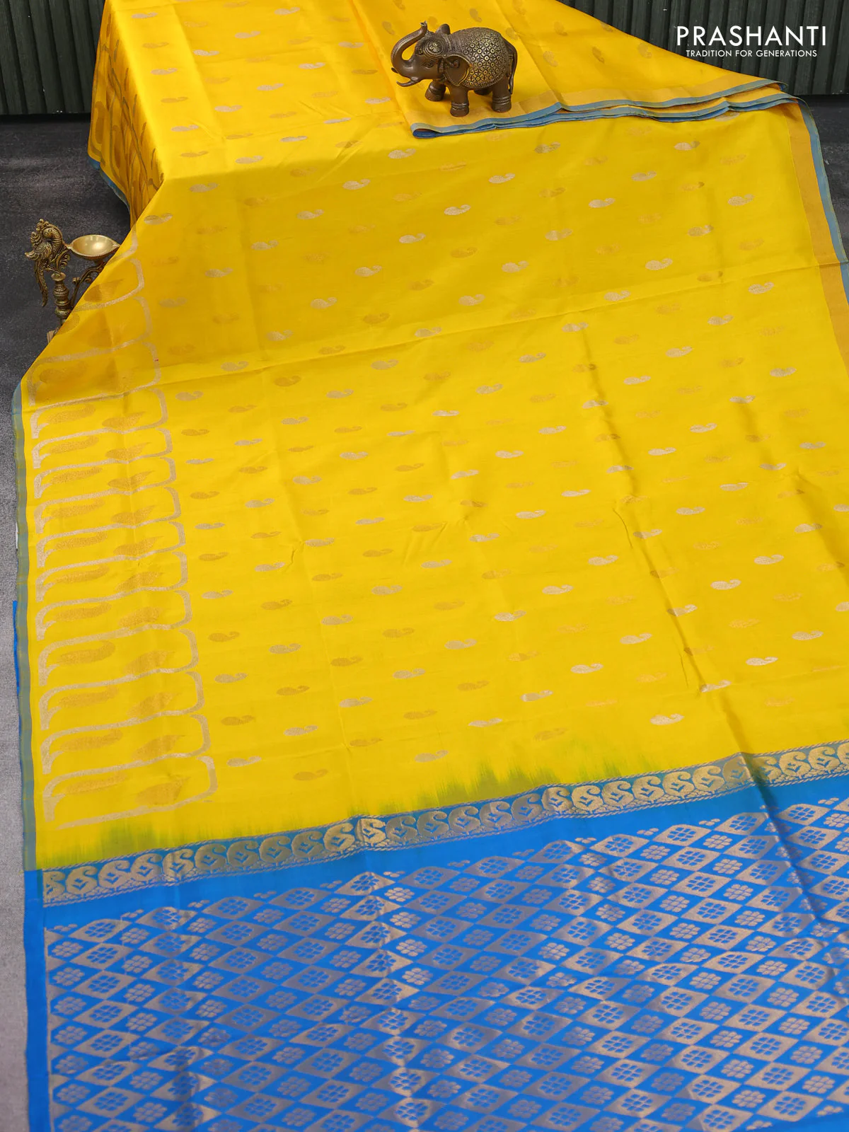 Pure uppada silk saree yellow and cs blue with silver & gold zari woven buttas and rich zari border - Image 2