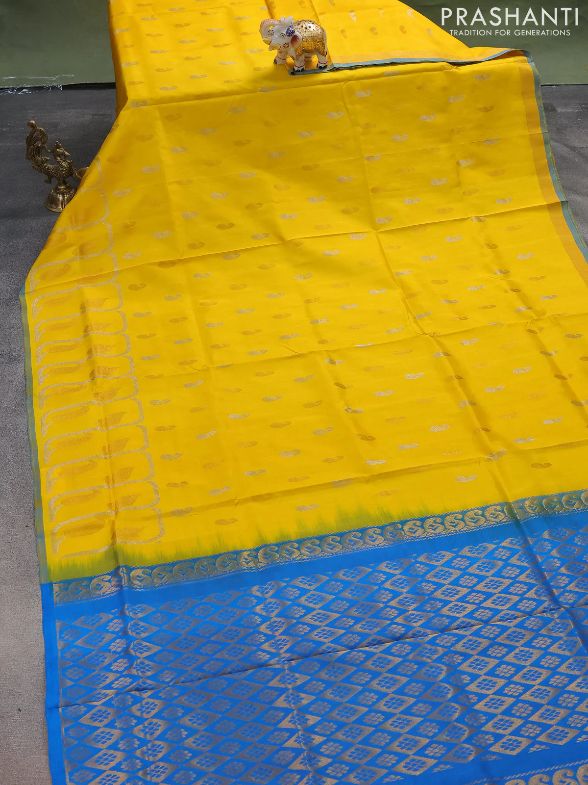 Pure uppada silk saree yellow and cs blue with silver & gold zari woven buttas and rich zari border - Image 2