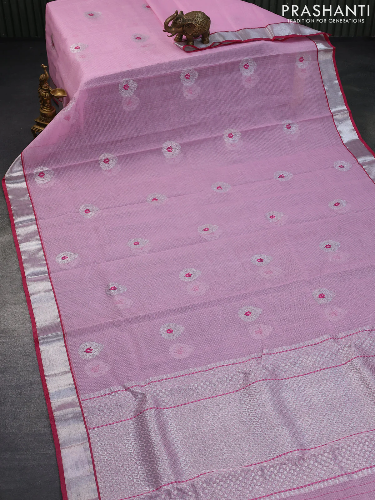 Pure zari kota saree pastel pink and pink with thread & silver zari woven buttas and silver zari woven border - Image 2