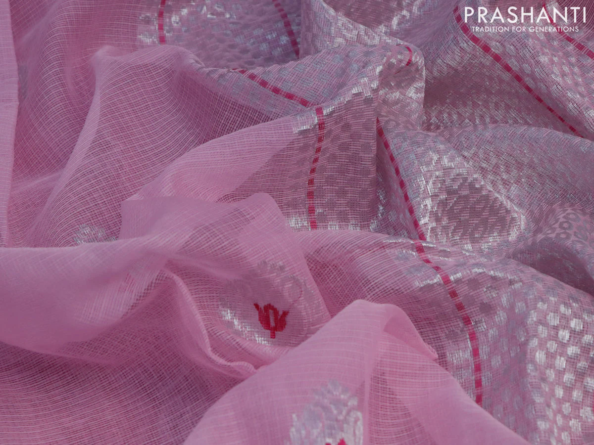 Pure zari kota saree pastel pink and pink with thread & silver zari woven buttas and silver zari woven border - Image 3