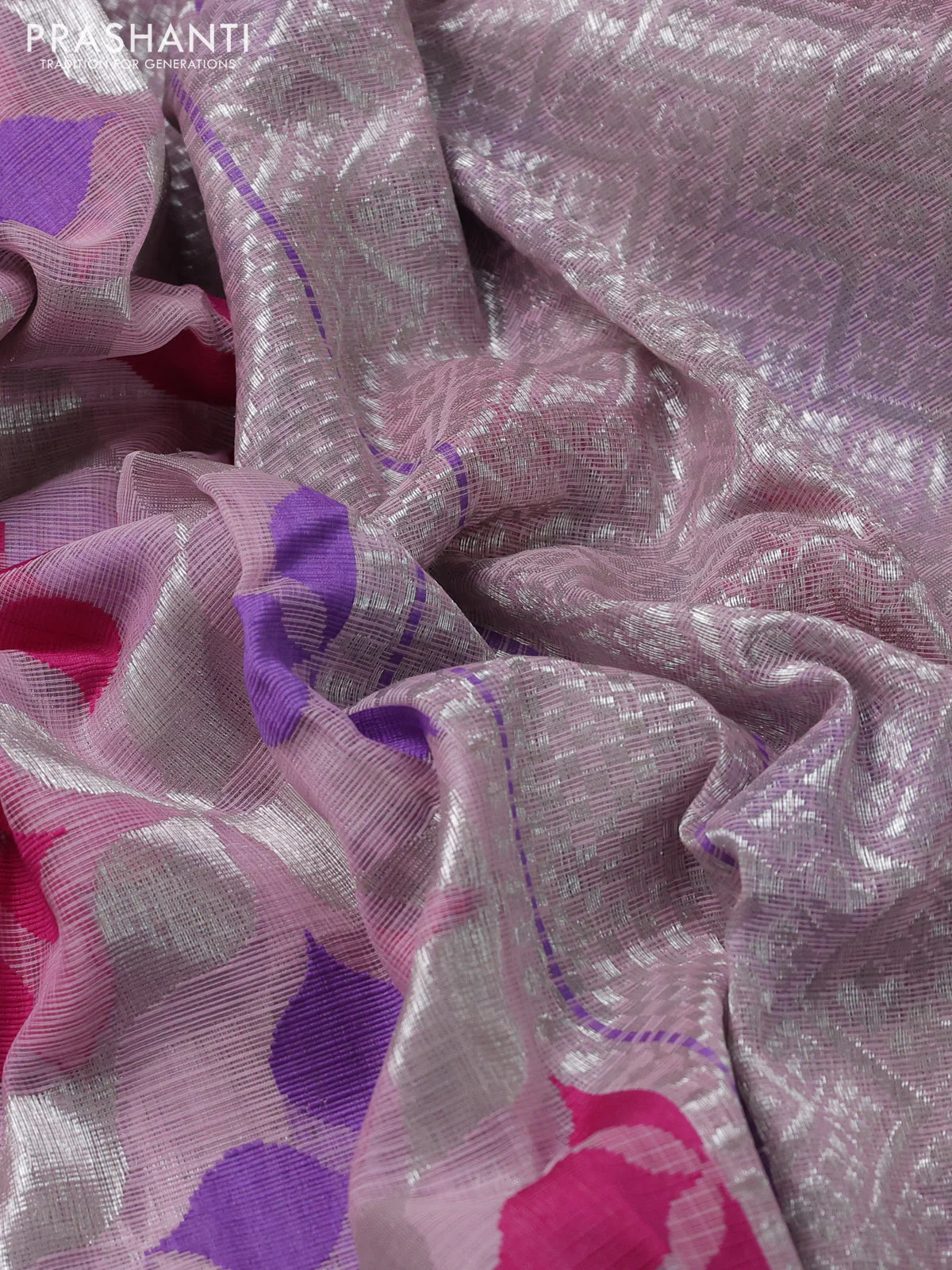 Pure zari kota silk saree baby pink and violet with thread & silver zari weaves and silver zari woven border - Image 3