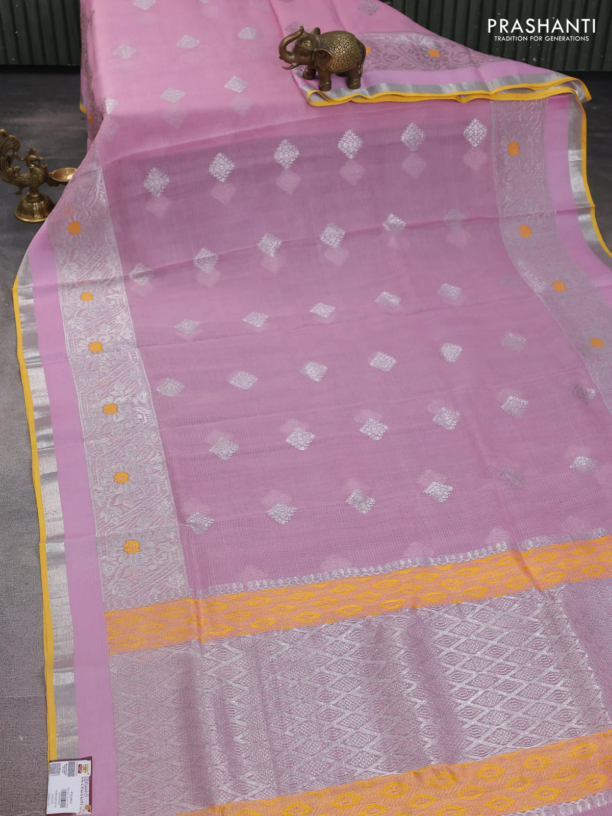 Pure zari kota silk saree baby pink and yellow with silver zari woven buttas and silver zari woven border - Image 2
