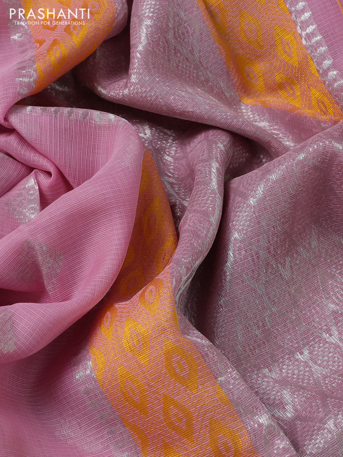 Pure zari kota silk saree baby pink and yellow with silver zari woven buttas and silver zari woven border - Image 3