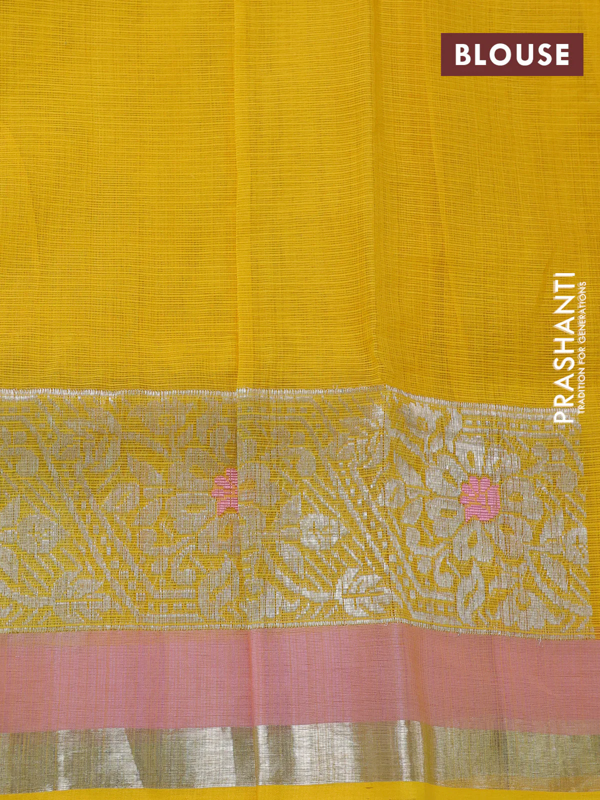Pure zari kota silk saree baby pink and yellow with silver zari woven buttas and silver zari woven border - Image 4