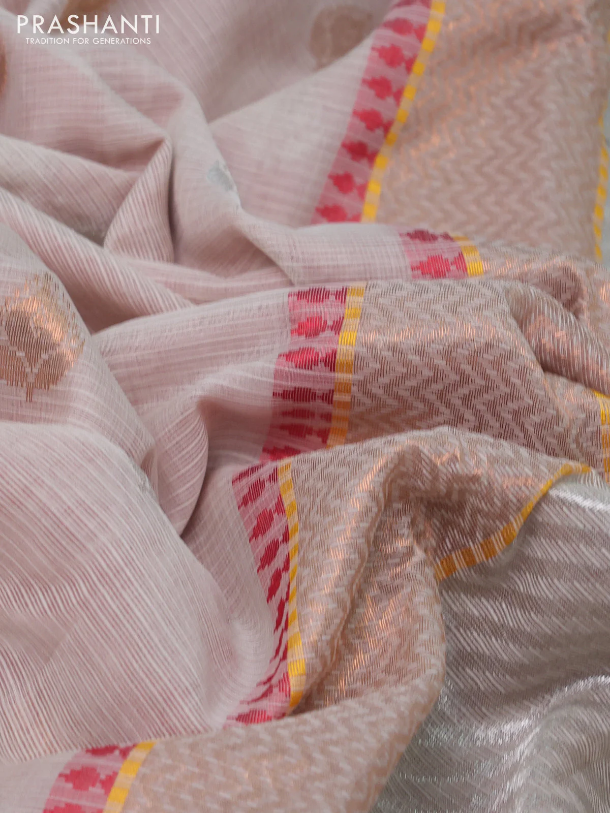 Pure zari kota silk saree beige and maroon with silver & silver zari woven buttas and silver zari woven border - Image 3