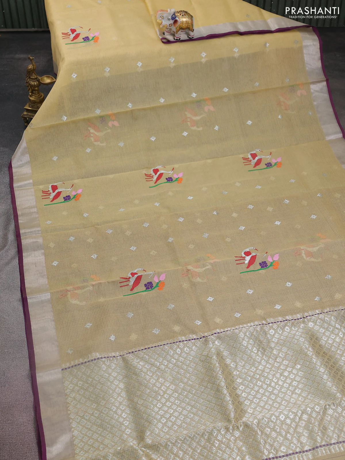 Pure zari kota silk saree beige and purple with silver zari woven buttas and silver zari woven border - Image 2