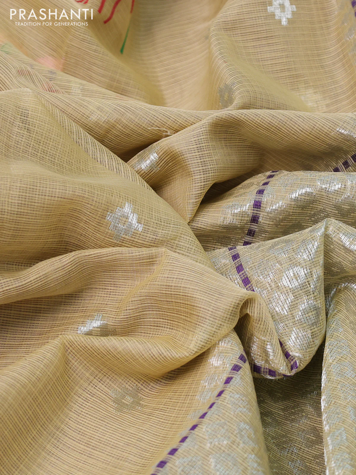 Pure zari kota silk saree beige and purple with silver zari woven buttas and silver zari woven border - Image 3