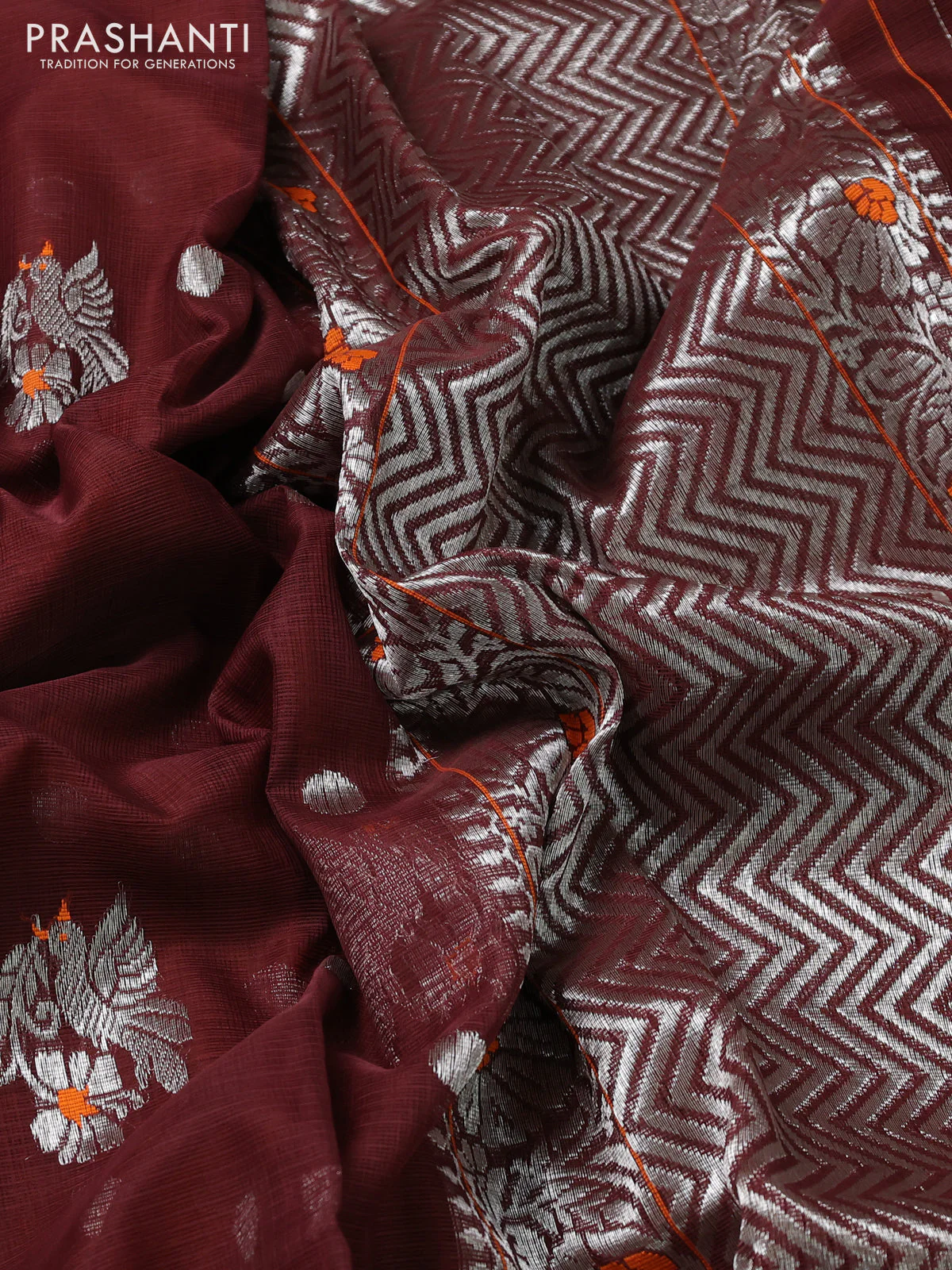 Pure zari kota silk saree brown and orange with silver zari woven buttas and floral design silver zari woven border - Image 3