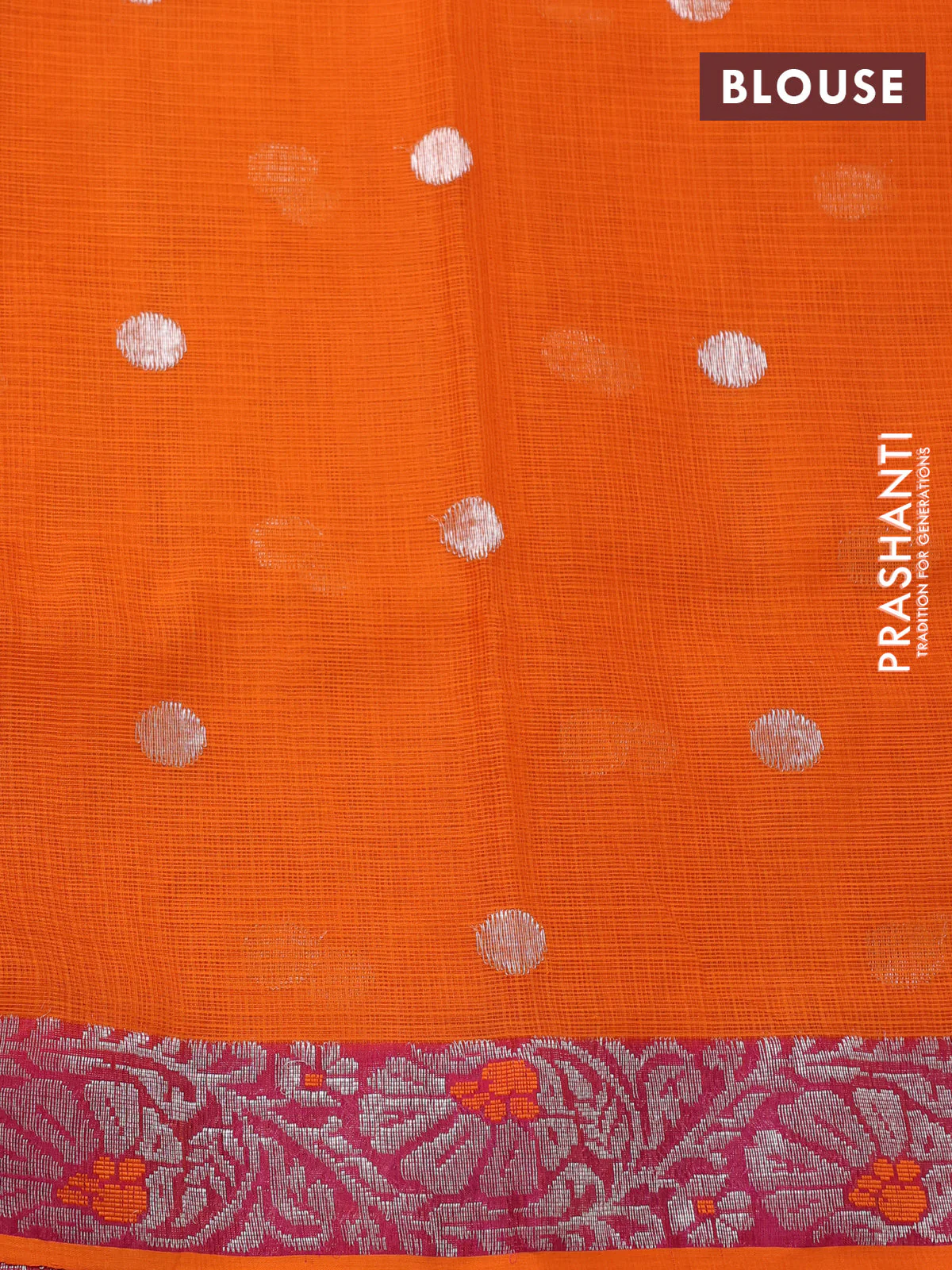 Pure zari kota silk saree brown and orange with silver zari woven buttas and floral design silver zari woven border - Image 4