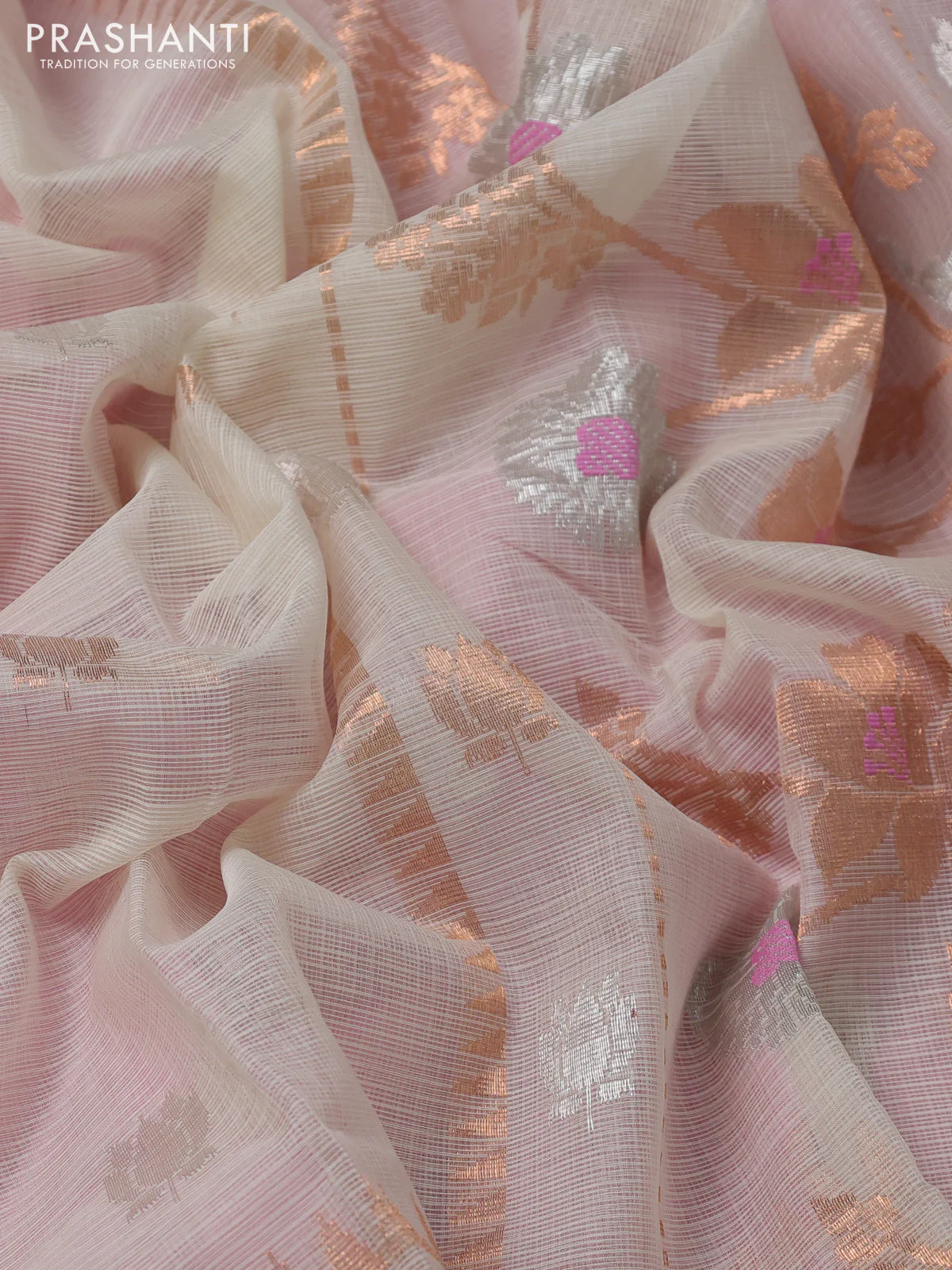 Pure zari kota silk saree cream and light pink with silver & copper zari woven floral buttas and floral design rettapet zari woven border - Image 3