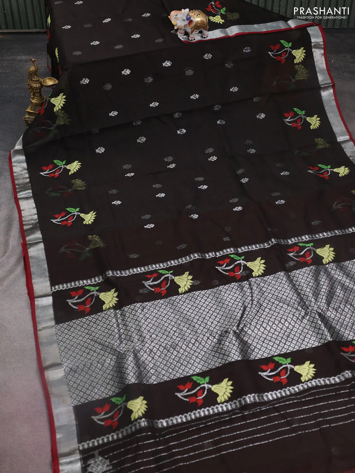 Pure zari kota silk saree deep coffee brown and rust shade with silver zari woven buttas and silver zari woven border - Image 2