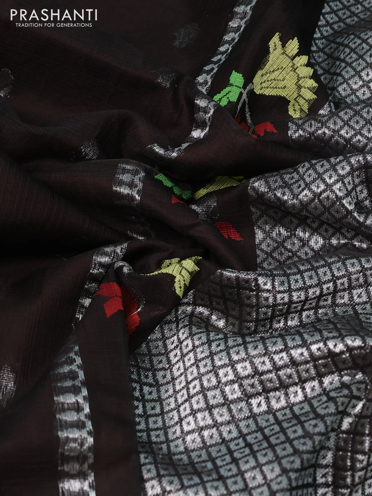 Pure zari kota silk saree deep coffee brown and rust shade with silver zari woven buttas and silver zari woven border - Image 3