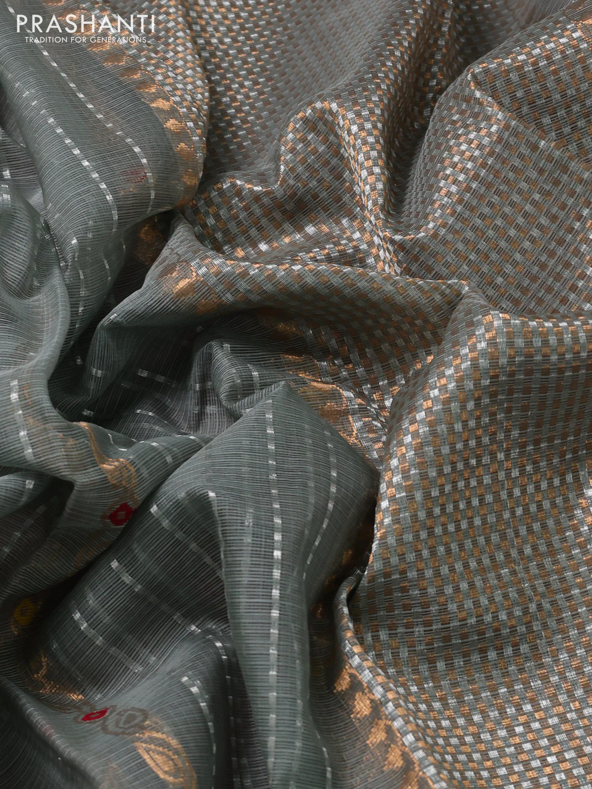 Pure zari kota silk saree grey and maroon with allover silver & gold zari weaves and silver zari woven border - Image 3