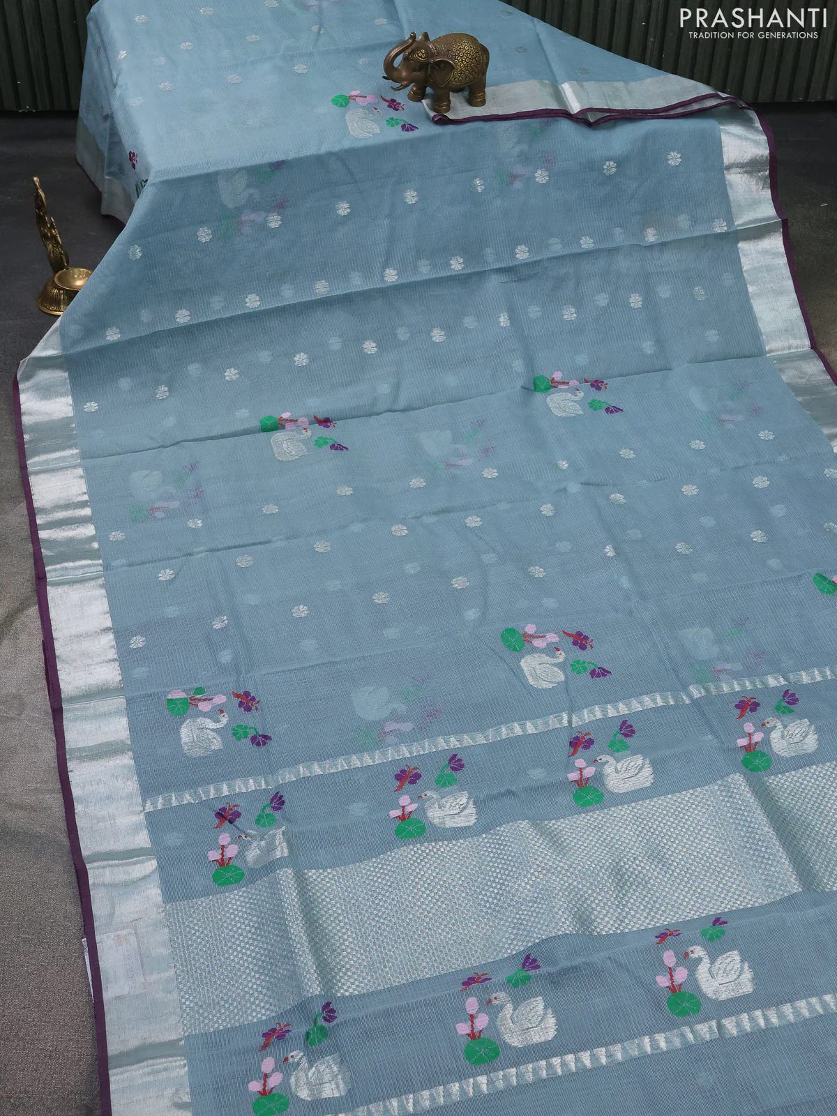 Pure zari kota silk saree grey and purple with silver zari woven buttas and silver zari woven border - Image 2