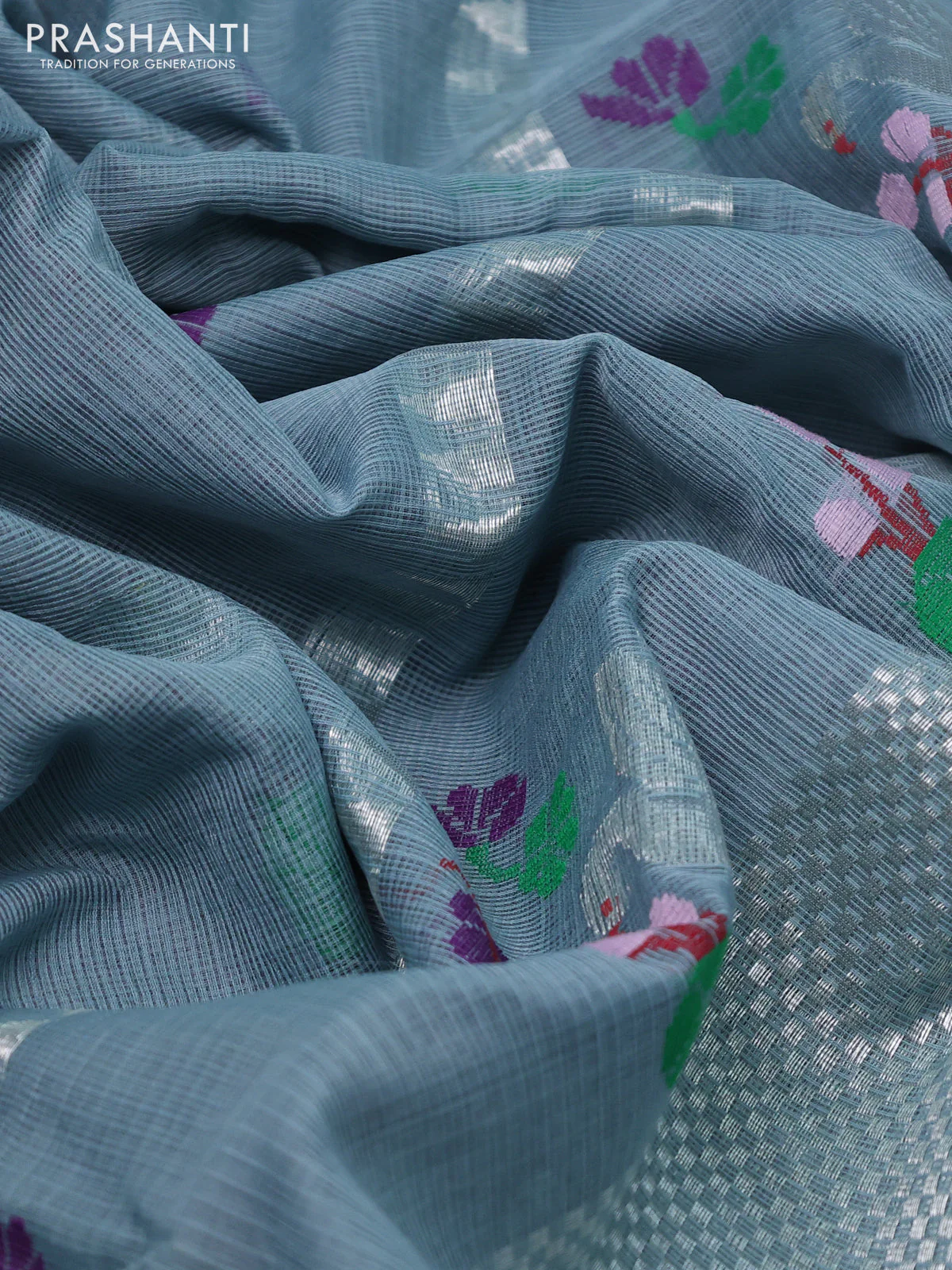 Pure zari kota silk saree grey and purple with silver zari woven buttas and silver zari woven border - Image 3