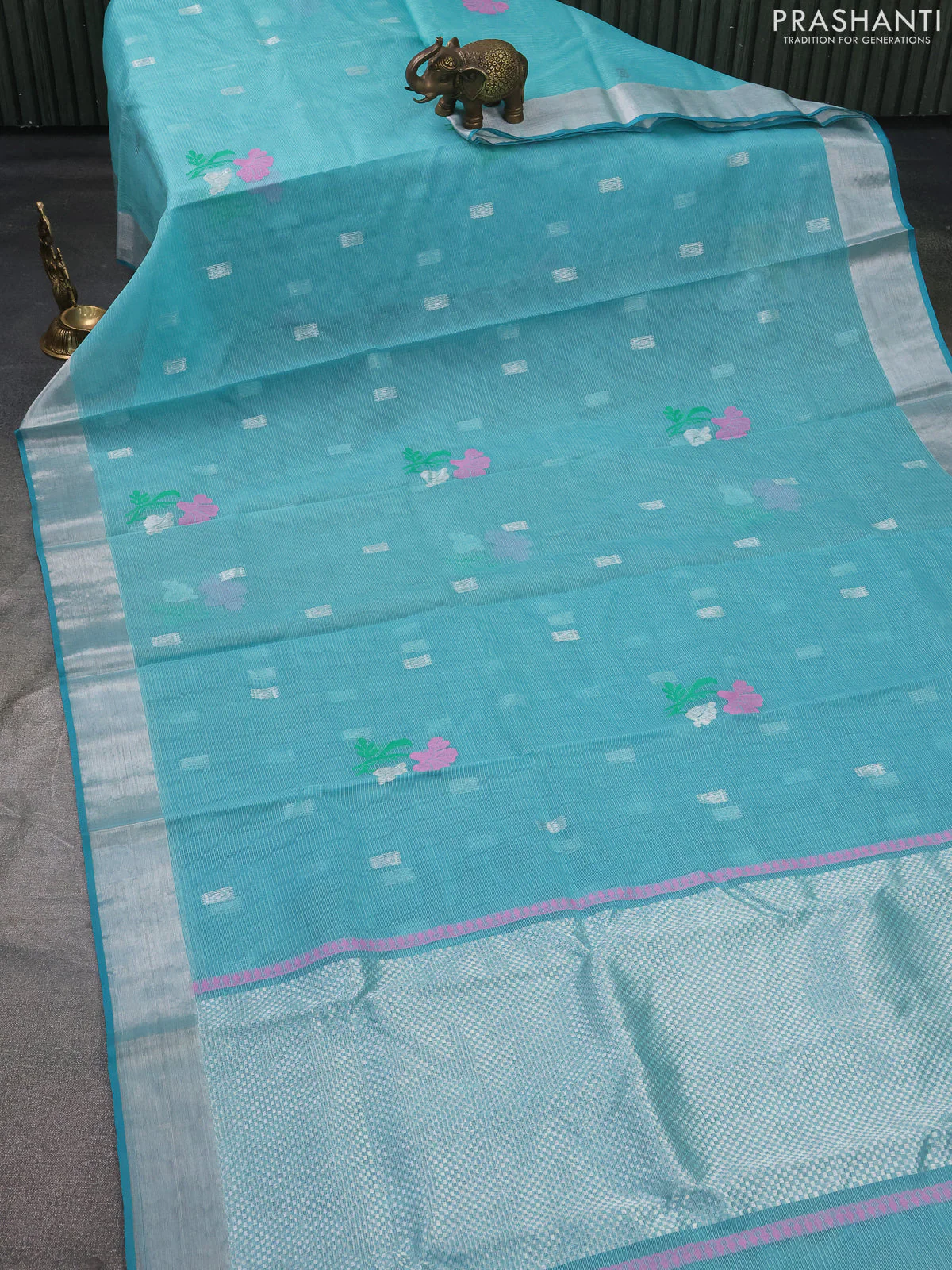 Pure zari kota silk saree light blue with silver zari woven buttas and silver zari woven border - Image 2