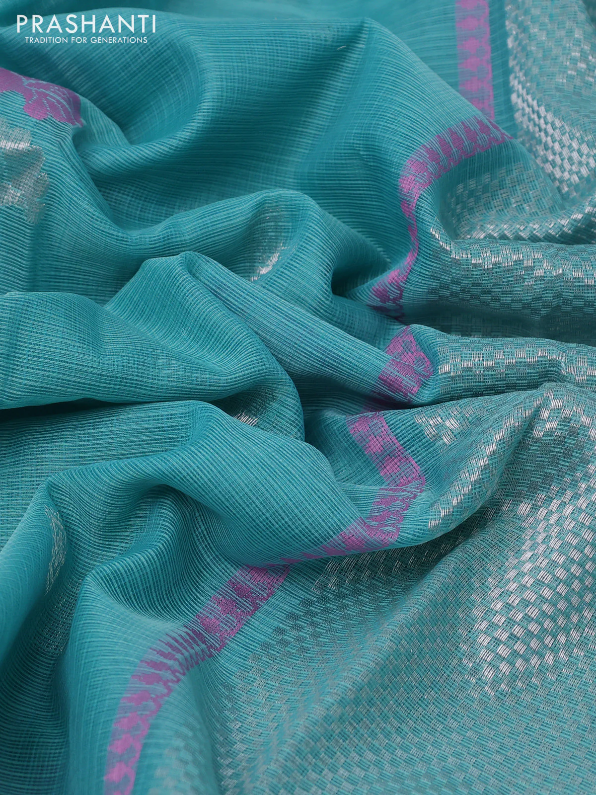 Pure zari kota silk saree light blue with silver zari woven buttas and silver zari woven border - Image 3