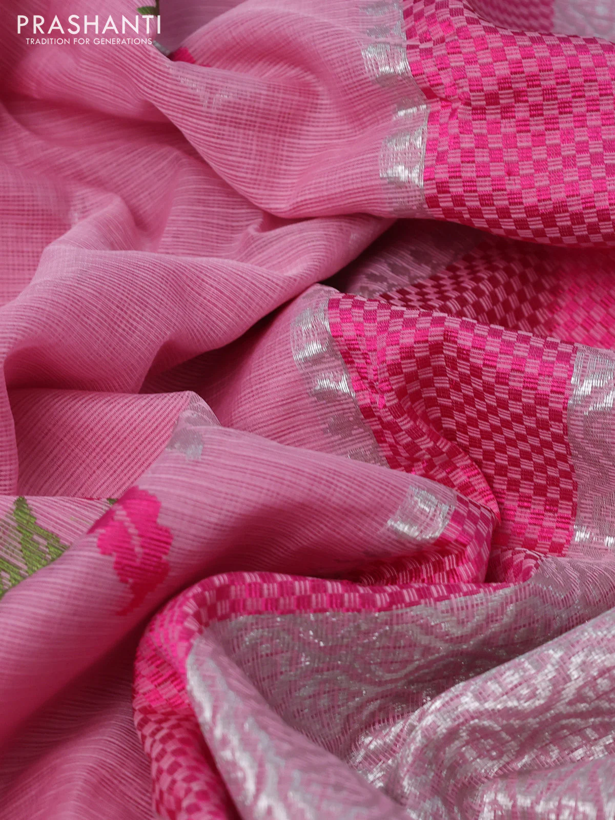 Pure zari kota silk saree light pink and pink with thread & silver zari woven buttas and silver zari woven border - Image 3