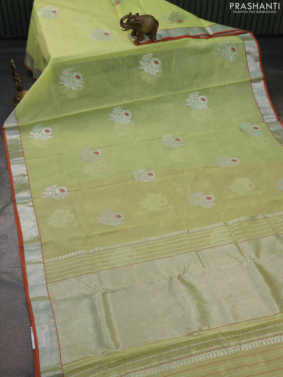Pure zari kota silk saree lime yellow and rust shade with thread & silver zari woven buttas and silver zari woven border - Image 2