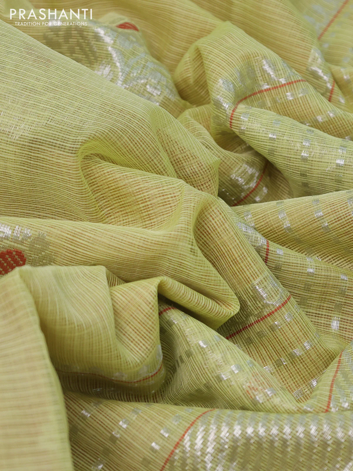 Pure zari kota silk saree lime yellow and rust shade with thread & silver zari woven buttas and silver zari woven border - Image 3