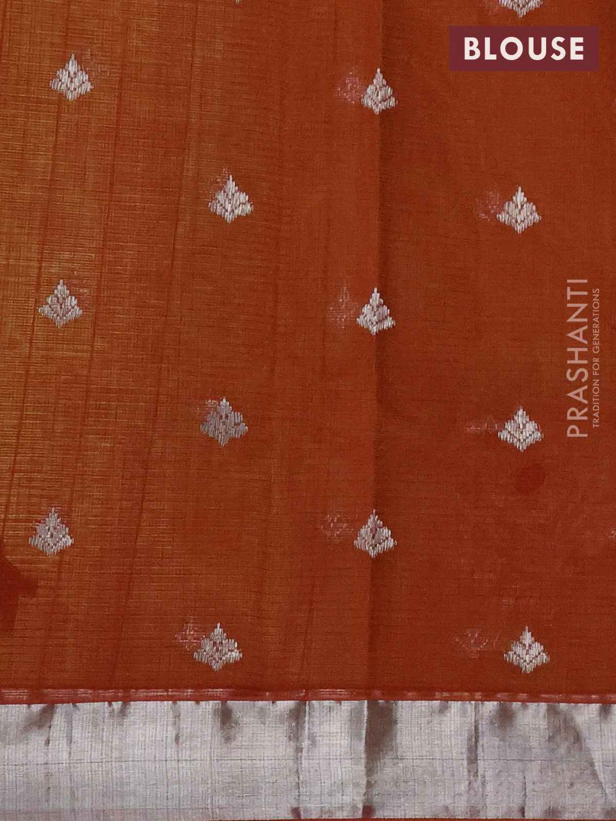 Pure zari kota silk saree lime yellow and rust shade with thread & silver zari woven buttas and silver zari woven border - Image 4