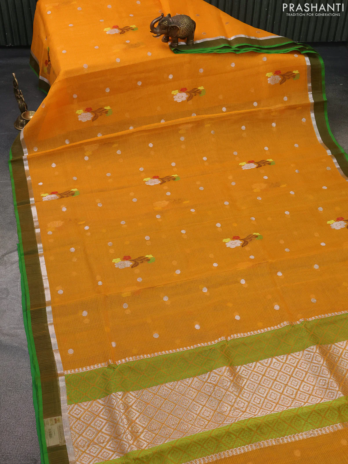 Pure zari kota silk saree mustard yellow and green with silver zari woven buttas and silver zari woven simple border - Image 2