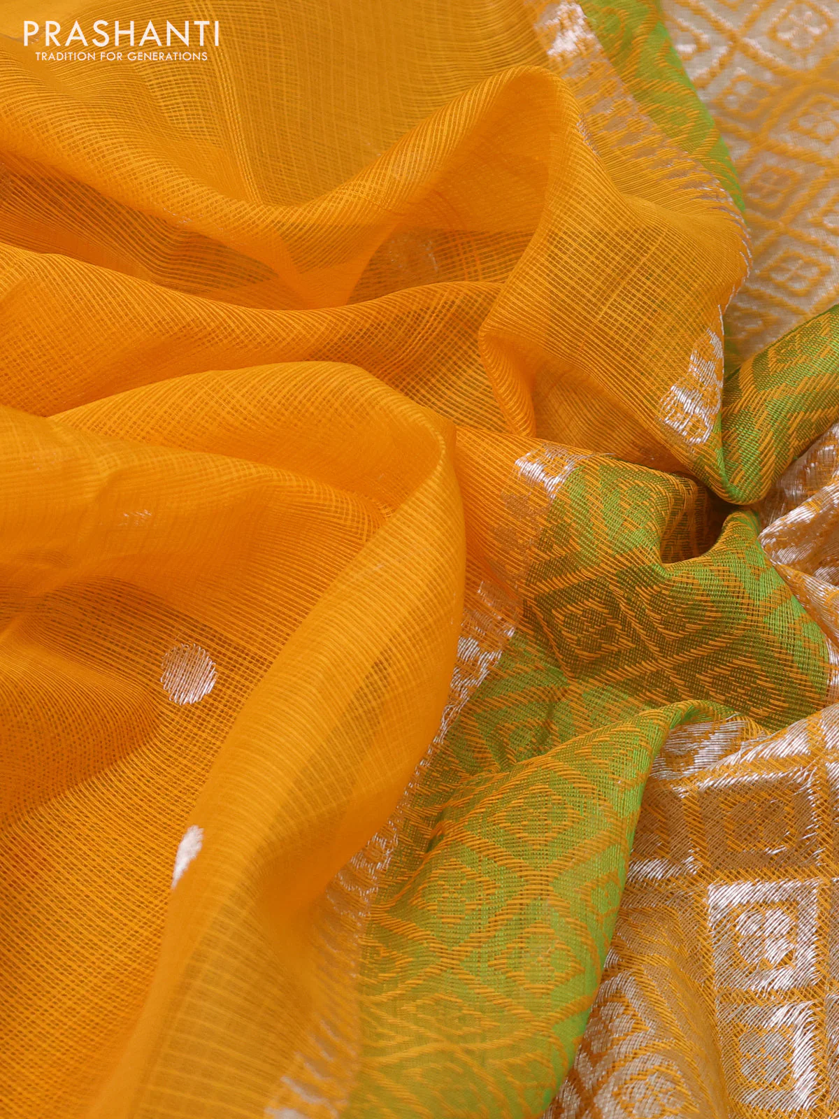 Pure zari kota silk saree mustard yellow and green with silver zari woven buttas and silver zari woven simple border - Image 3