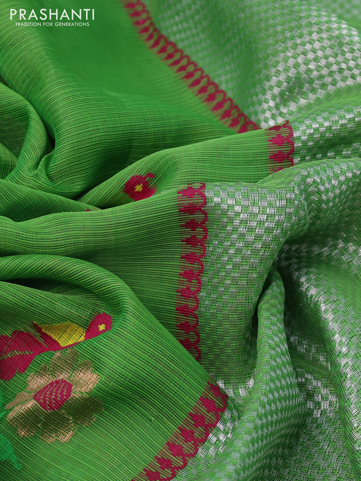 Pure zari kota silk saree parrot green and pink with thread & zari woven buttas and silver zari woven border - Image 3
