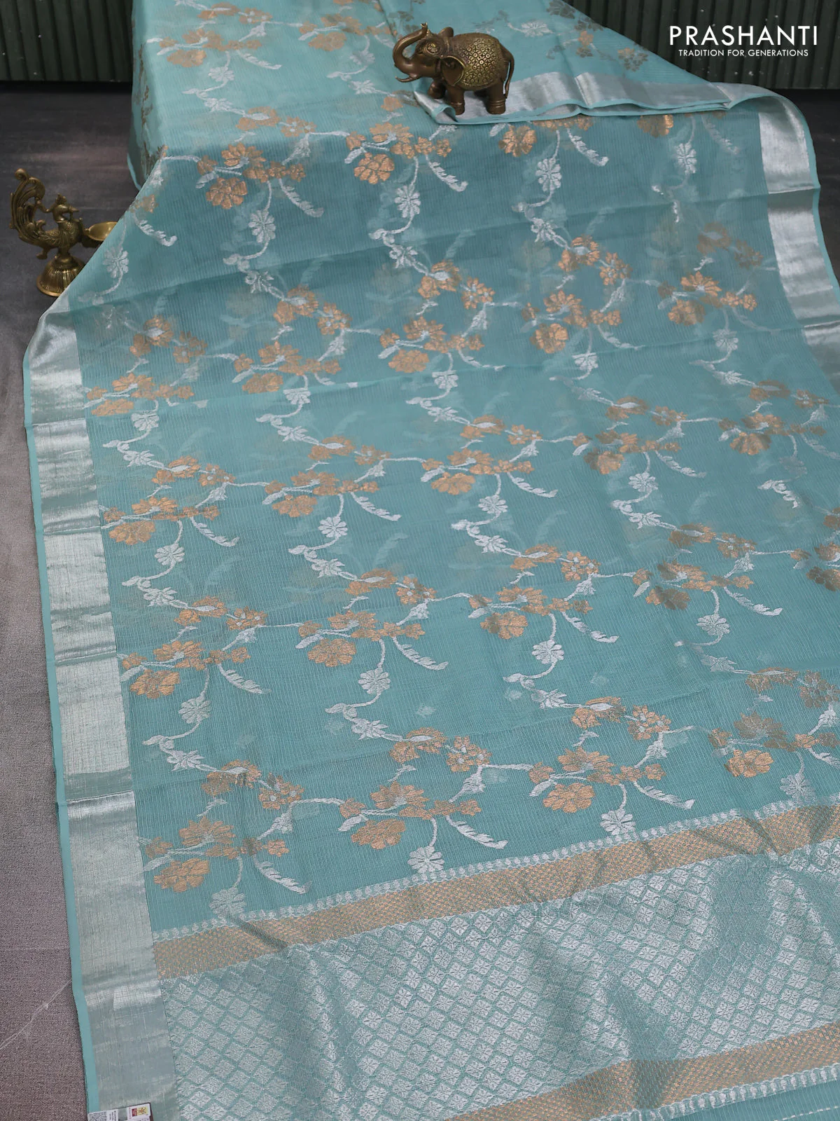 Pure zari kota silk saree pastel blue with allover silver & gold floral weaves and silver zari woven border - Image 2