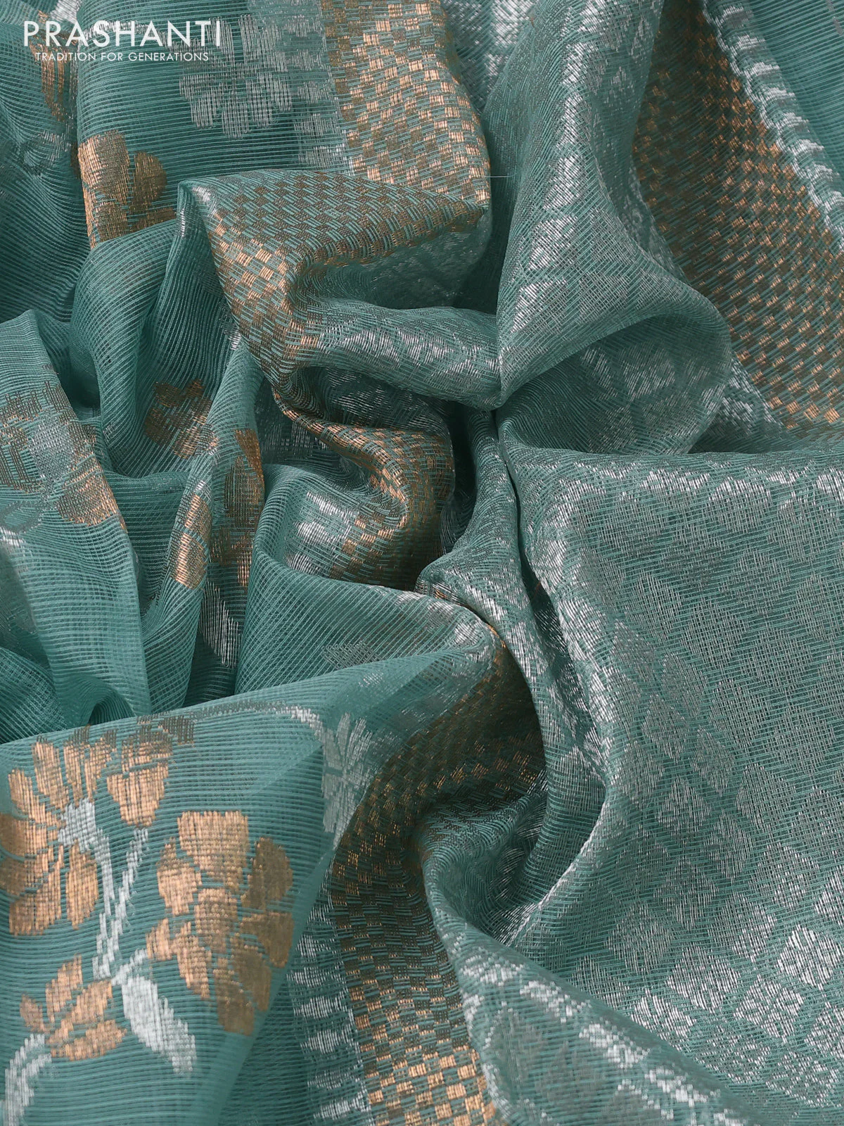 Pure zari kota silk saree pastel blue with allover silver & gold floral weaves and silver zari woven border - Image 3
