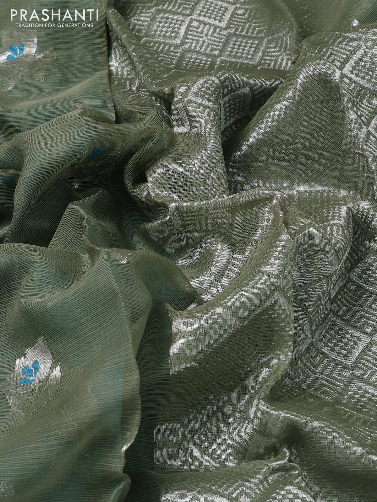 Pure zari kota silk saree pastel green and cs blue with thread & silver zari woven floral buttas and silver zari woven border - Image 3