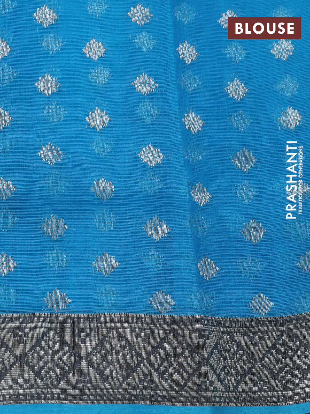 Pure zari kota silk saree pastel green and cs blue with thread & silver zari woven floral buttas and silver zari woven border - Image 4