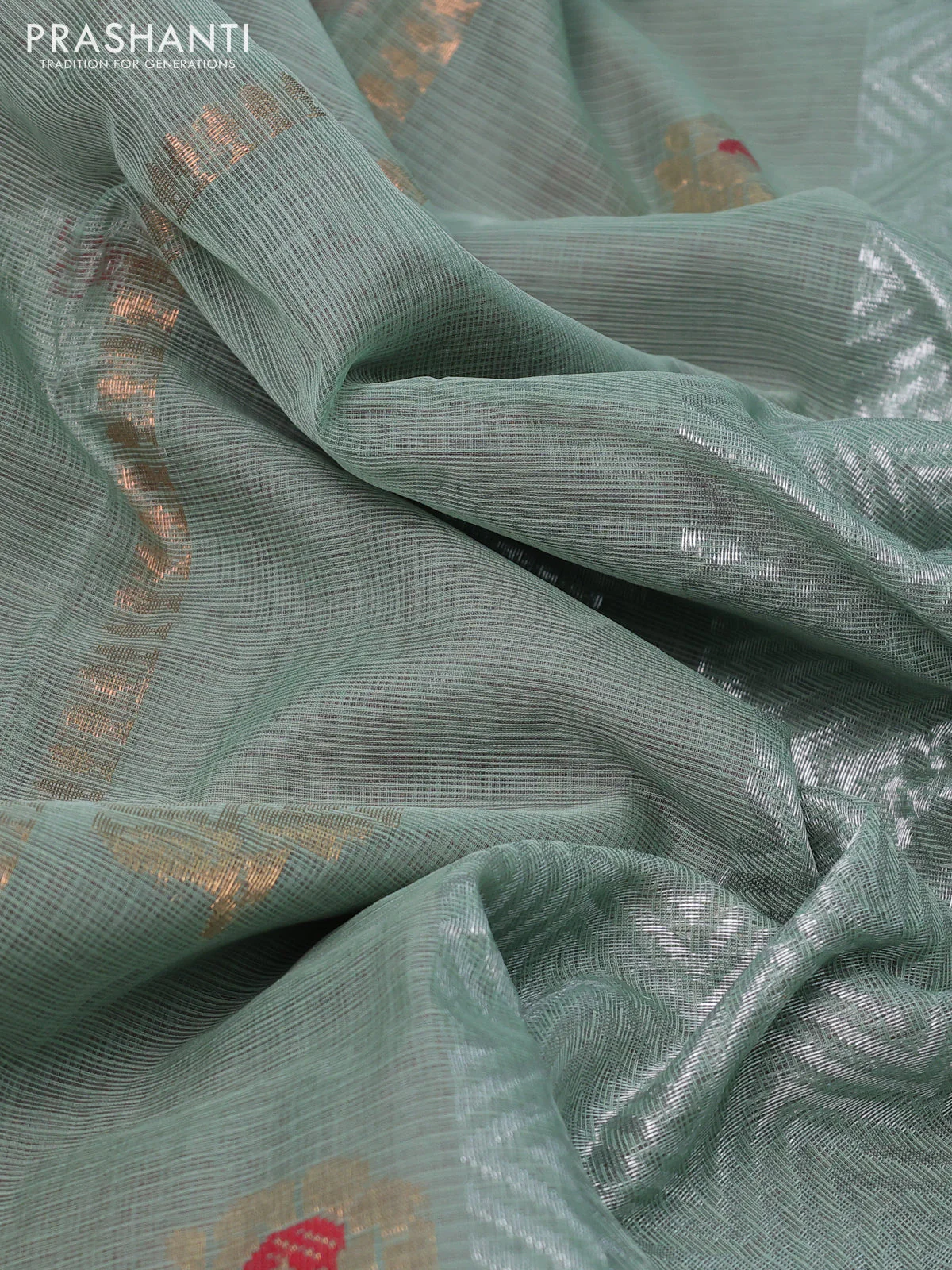 Pure zari kota silk saree pastel green and maroon with thread & silver zari woven buttas and rettapet silver zari woven border - Image 3