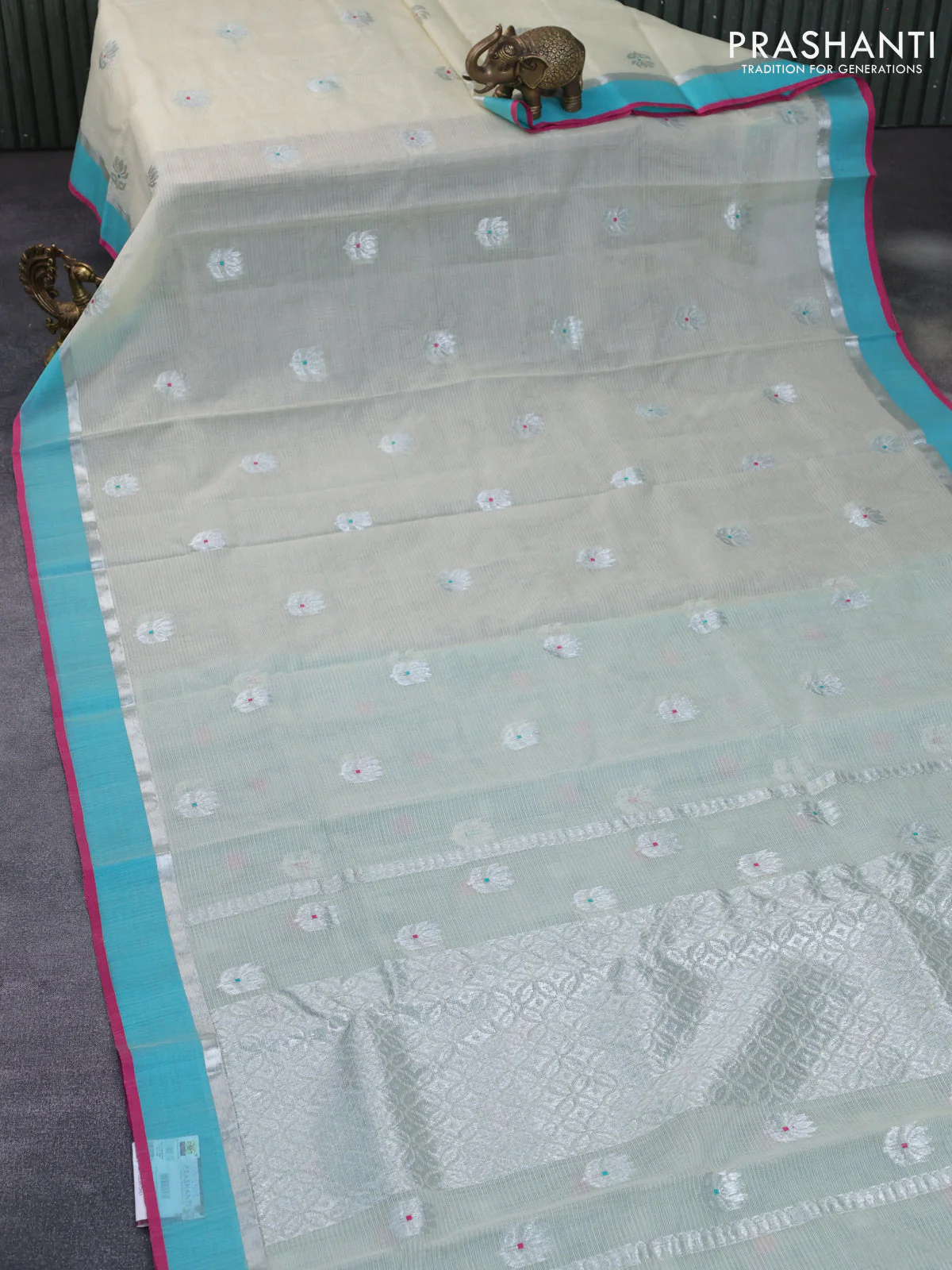 Pure zari kota silk saree pastel green and teal blue with silver zari woven buttas and silver zari woven simple border - Image 2