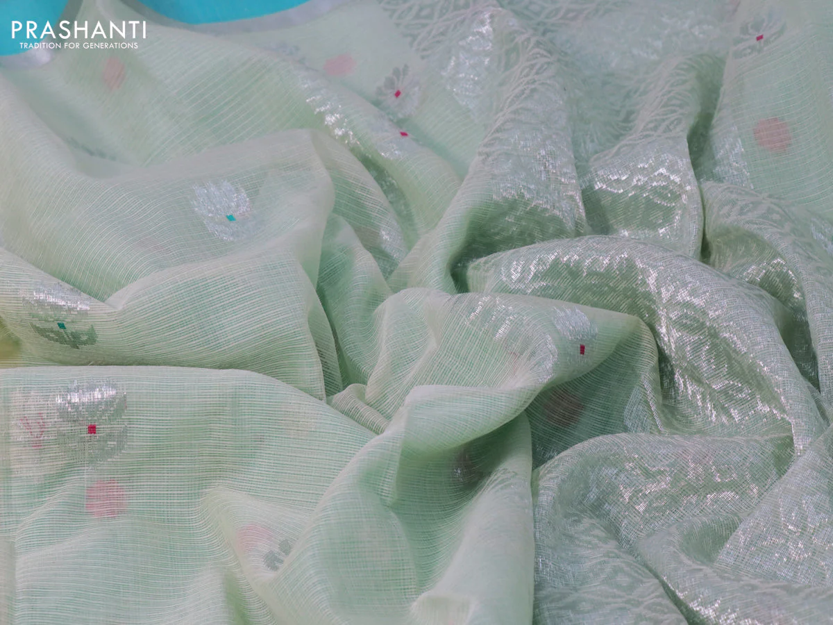 Pure zari kota silk saree pastel green and teal blue with silver zari woven buttas and silver zari woven simple border - Image 3