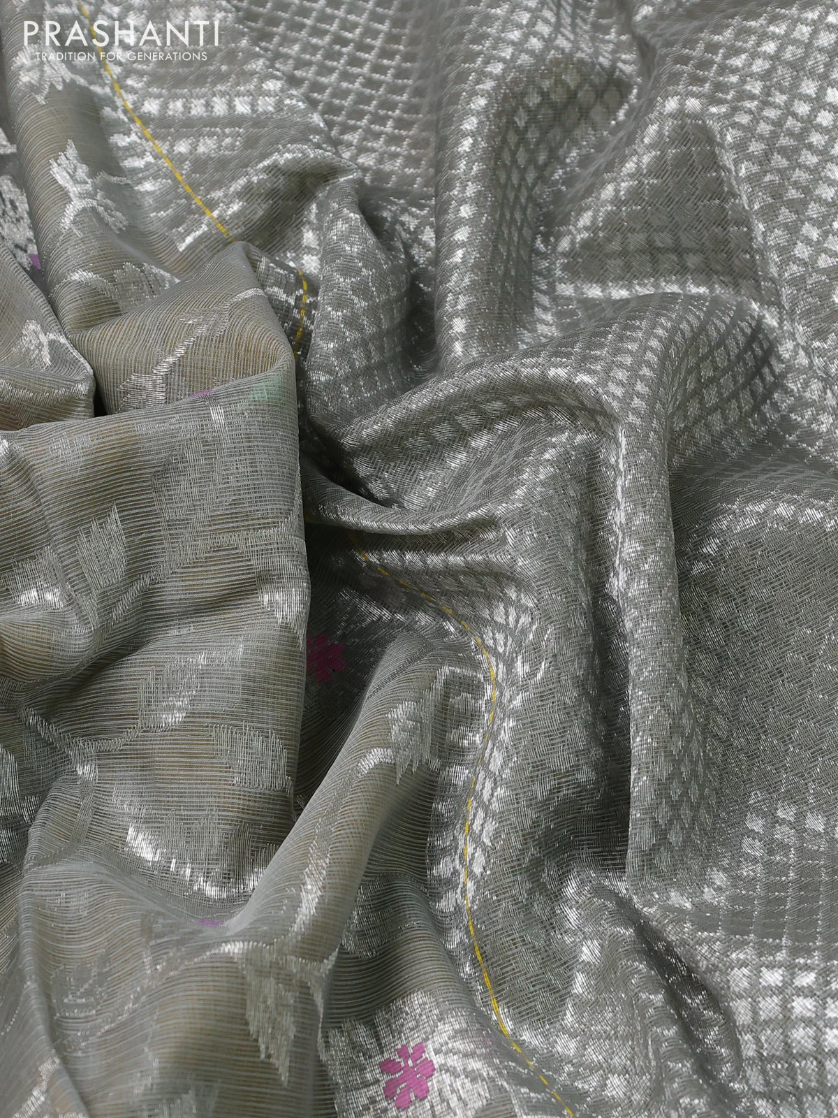 Pure zari kota silk saree pastel grey and yellow with allover silver zari woven floral weaves and silver zari woven border - Image 3