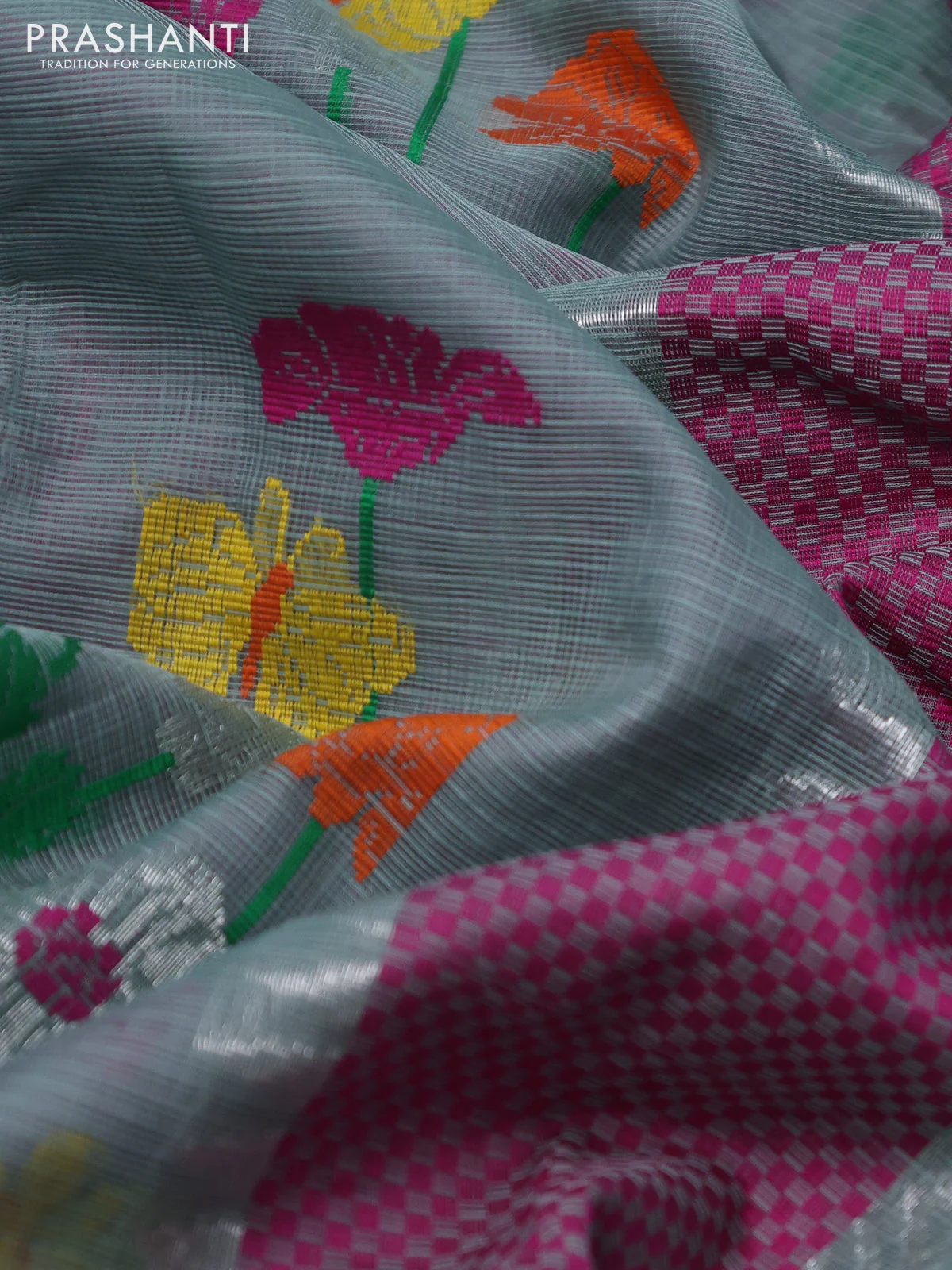 Pure zari kota silk saree pastel shade and pink with thread & silver zari woven buttas and silver zari woven simple border - Image 3
